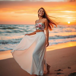 A fashionable woman wearing a stylish long white skirt that flows elegantly to her ankles, paired with a fitted crop top adorned with floral patterns