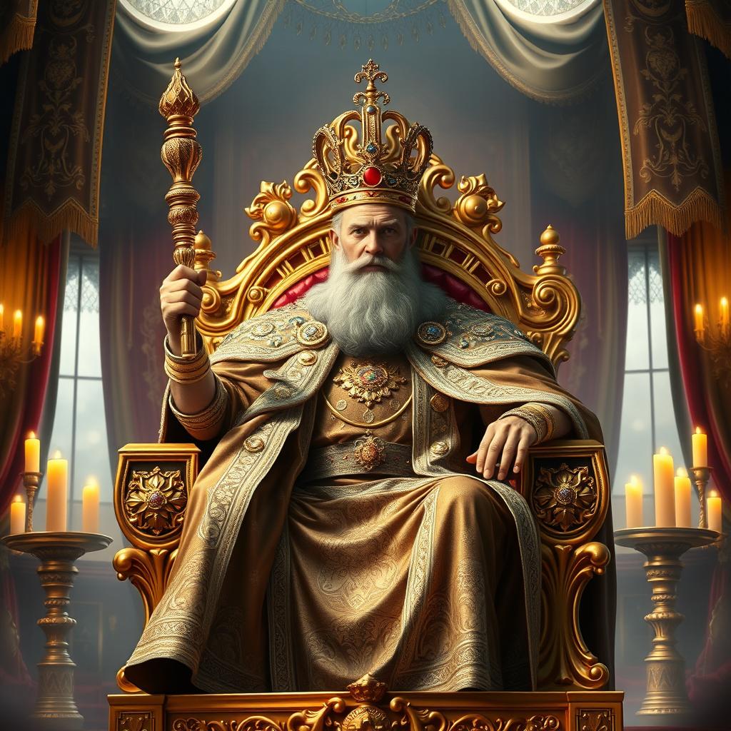 A majestic king sitting on a grand throne made of gold and adorned with jewels, wearing an intricate royal robe and a golden crown, with a regal posture