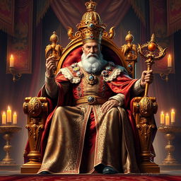 A majestic king sitting on a grand throne made of gold and adorned with jewels, wearing an intricate royal robe and a golden crown, with a regal posture