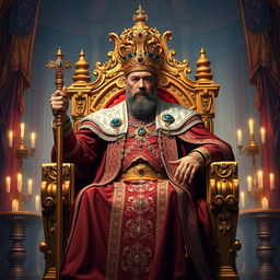 A majestic king sitting on a grand throne made of gold and adorned with jewels, wearing an intricate royal robe and a golden crown, with a regal posture