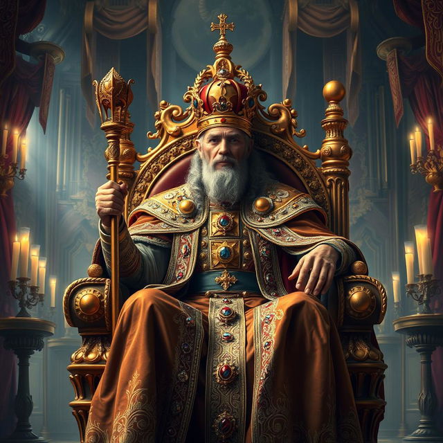 A majestic king sitting on a grand throne made of gold and adorned with jewels, wearing an intricate royal robe and a golden crown, with a regal posture