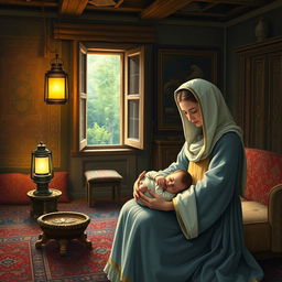 An artistic representation of the birth of Amir Kabir in 1185 Shamsi (Year 1806 CE) in Farahan, Arak, Iran