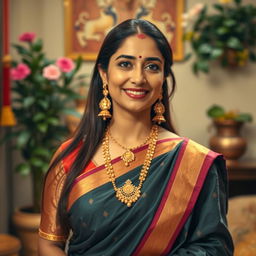 A stunning Indian woman resembling a typical bhabhi, dressed in a beautiful saree and elegantly wearing a traditional mangalsutra