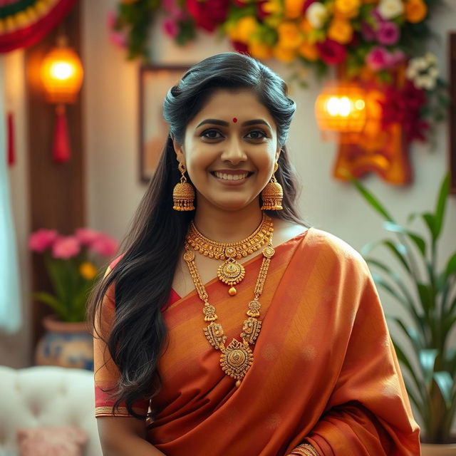 A stunning Indian woman resembling a typical bhabhi, dressed in a beautiful saree and elegantly wearing a traditional mangalsutra