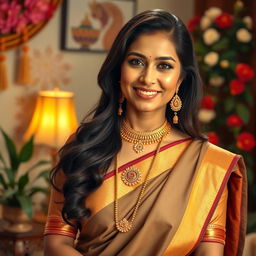 A stunning Indian woman resembling a typical bhabhi, dressed in a beautiful saree and elegantly wearing a traditional mangalsutra
