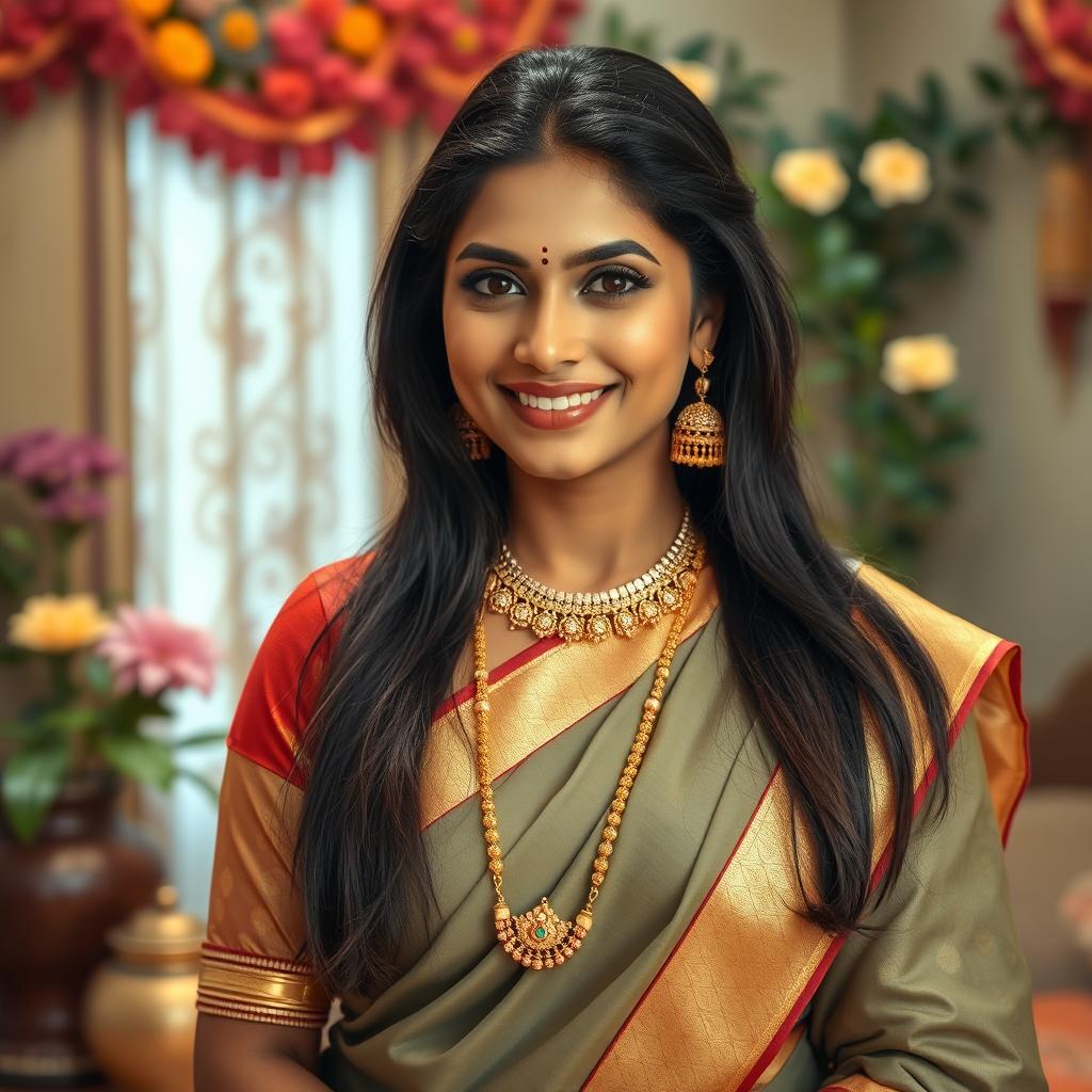 A stunning Indian woman resembling a typical bhabhi, dressed in a beautiful saree and elegantly wearing a traditional mangalsutra