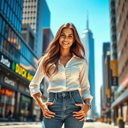 A stunningly realistic portrait of a strong, confident woman standing in a sunlit urban environment