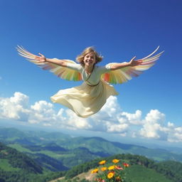 A fantastical scene of a person soaring through a bright blue sky like a bird, wings elegantly outstretched and feathers shimmering in various colors