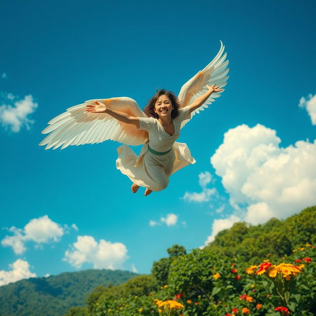 A fantastical scene of a person soaring through a bright blue sky like a bird, wings elegantly outstretched and feathers shimmering in various colors