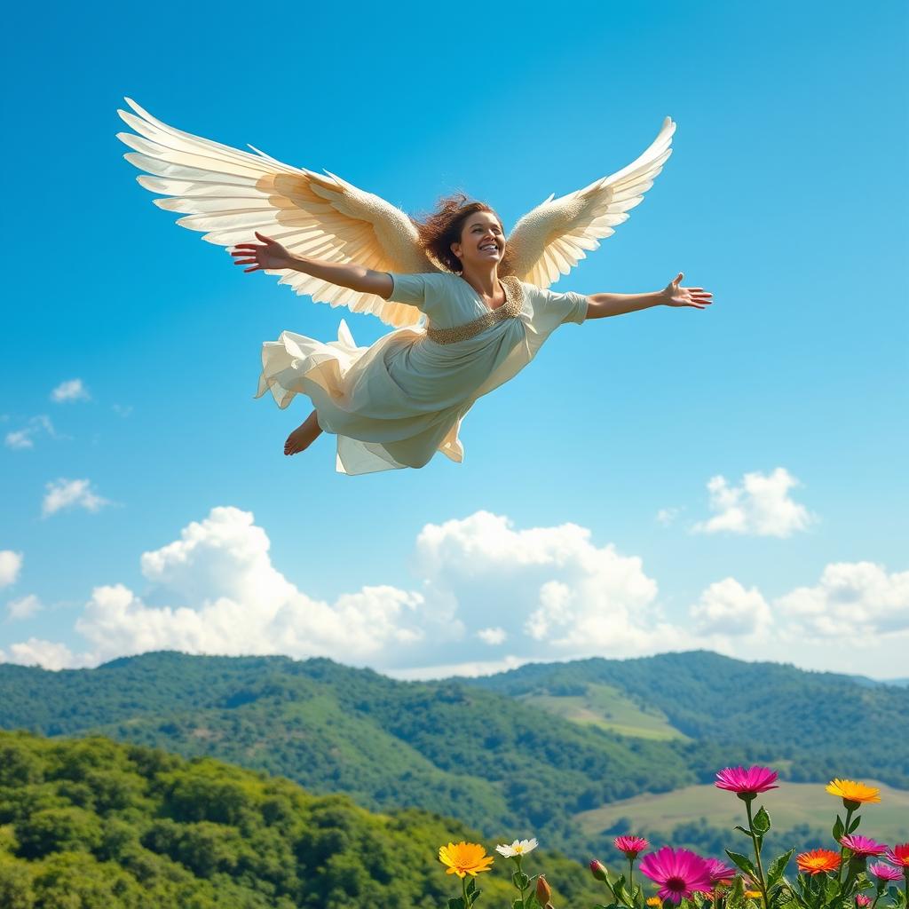 A fantastical scene of a person soaring through a bright blue sky like a bird, wings elegantly outstretched and feathers shimmering in various colors