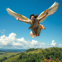 A fantastical scene of a person soaring through a bright blue sky like a bird, wings elegantly outstretched and feathers shimmering in various colors