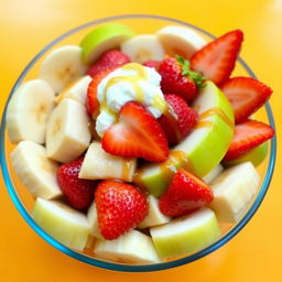 A deep bowl of fruit salad beautifully arranged, featuring ripe bananas, fresh green apples, and vibrant strawberries