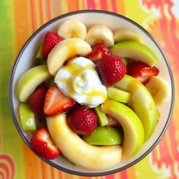 A deep bowl of fruit salad beautifully arranged, featuring ripe bananas, fresh green apples, and vibrant strawberries