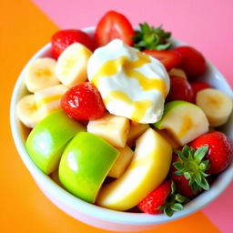 A deep bowl of fruit salad beautifully arranged, featuring ripe bananas, fresh green apples, and vibrant strawberries