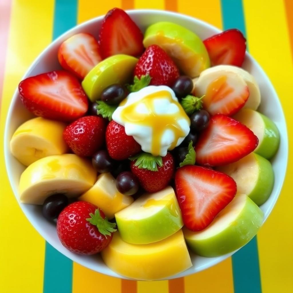 A deep bowl of fruit salad beautifully arranged, featuring ripe bananas, fresh green apples, and vibrant strawberries