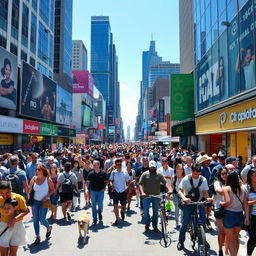 A bustling city street filled with an incredible number of diverse people engaged in various activities