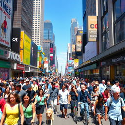 A bustling city street filled with an incredible number of diverse people engaged in various activities
