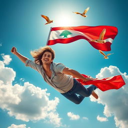 A beautiful young man soaring through a bright blue sky, proudly holding the Lebanese flag high above him