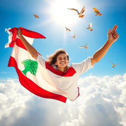 A beautiful young man soaring through a bright blue sky, proudly holding the Lebanese flag high above him