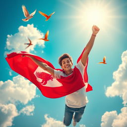 A beautiful young man soaring through a bright blue sky, proudly holding the Lebanese flag high above him