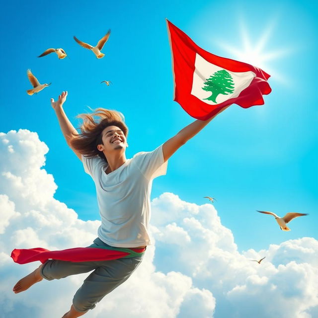 A beautiful young man soaring through a bright blue sky, proudly holding the Lebanese flag high above him