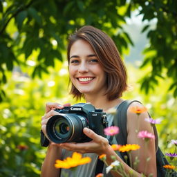 A joyful scene capturing a person holding a camera, smiling brightly