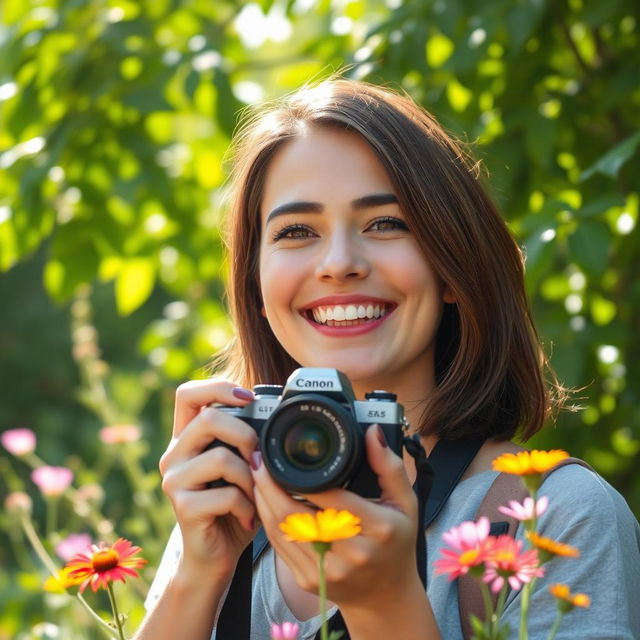 A joyful scene capturing a person holding a camera, smiling brightly