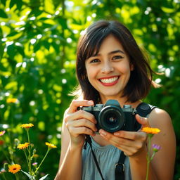 A joyful scene capturing a person holding a camera, smiling brightly