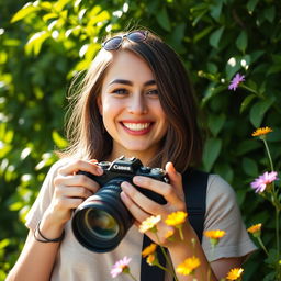 A joyful scene capturing a person holding a camera, smiling brightly