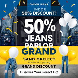 A vibrant and eye-catching poster design announcing the grand opening of the 'London Jeans Parlor' in Dhanmondi, featuring a bold headline that reads '50% DISCOUNT!' at the top
