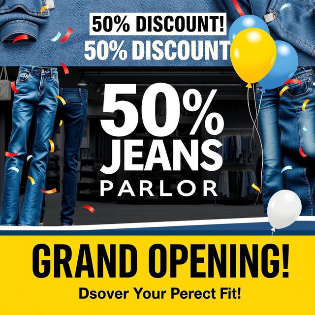A vibrant and eye-catching poster design announcing the grand opening of the 'London Jeans Parlor' in Dhanmondi, featuring a bold headline that reads '50% DISCOUNT!' at the top