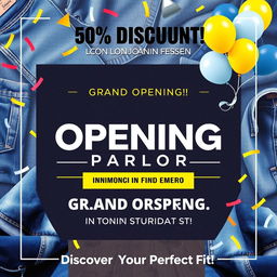 A vibrant and eye-catching poster design announcing the grand opening of the 'London Jeans Parlor' in Dhanmondi, featuring a bold headline that reads '50% DISCOUNT!' at the top