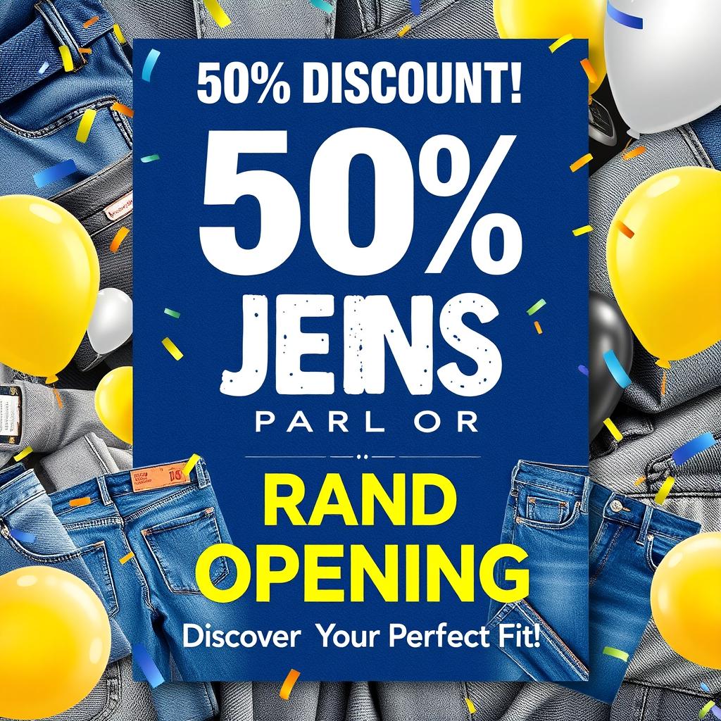 A vibrant and eye-catching poster design announcing the grand opening of the 'London Jeans Parlor' in Dhanmondi, featuring a bold headline that reads '50% DISCOUNT!' at the top