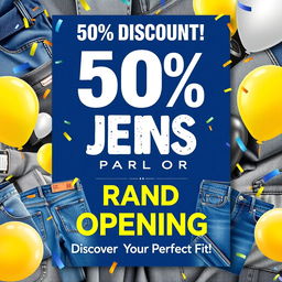 A vibrant and eye-catching poster design announcing the grand opening of the 'London Jeans Parlor' in Dhanmondi, featuring a bold headline that reads '50% DISCOUNT!' at the top