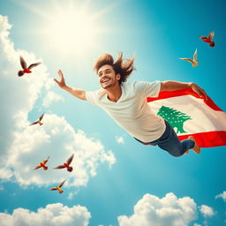 A beautiful young man soaring through a bright blue sky, mimicking the flight of a bird, proudly holding the Lebanese flag high