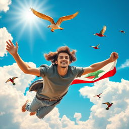 A beautiful young man soaring through a bright blue sky, mimicking the flight of a bird, proudly holding the Lebanese flag high