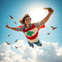 A beautiful young man soaring through a bright blue sky, mimicking the flight of a bird, proudly holding the Lebanese flag high