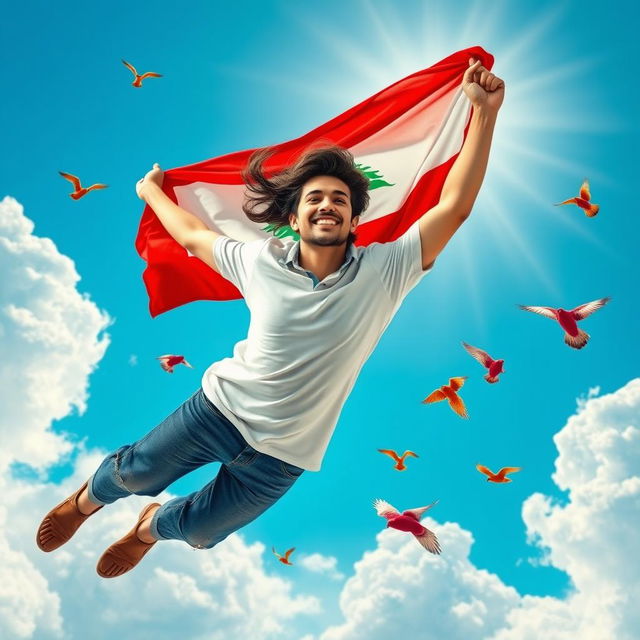 A beautiful young man soaring through a bright blue sky, mimicking the flight of a bird, proudly holding the Lebanese flag high