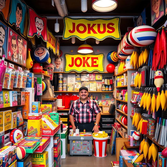 A vibrant and colorful joke shop filled with a variety of novelty items and humorous products