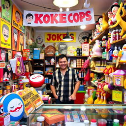 A vibrant and colorful joke shop filled with a variety of novelty items and humorous products
