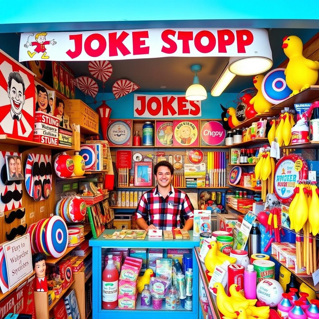 A vibrant and colorful joke shop filled with a variety of novelty items and humorous products