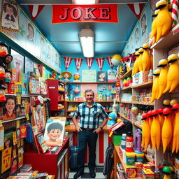 A vibrant and colorful joke shop filled with a variety of novelty items and humorous products