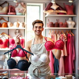 A young man with a cheerful expression standing behind a stylish lingerie shop counter, showcasing a range of colorful and elegant bras on display