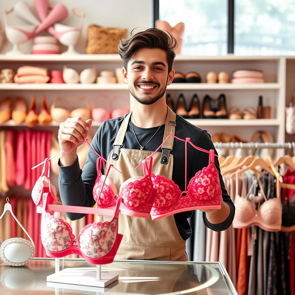 A young man with a cheerful expression standing behind a stylish lingerie shop counter, showcasing a range of colorful and elegant bras on display