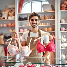 A young man with a cheerful expression standing behind a stylish lingerie shop counter, showcasing a range of colorful and elegant bras on display