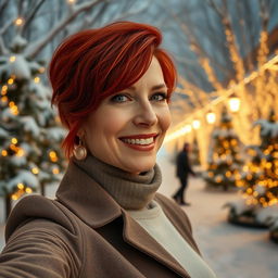 A captivating Russian woman aged between 40 and 45 years, taking a stylish selfie