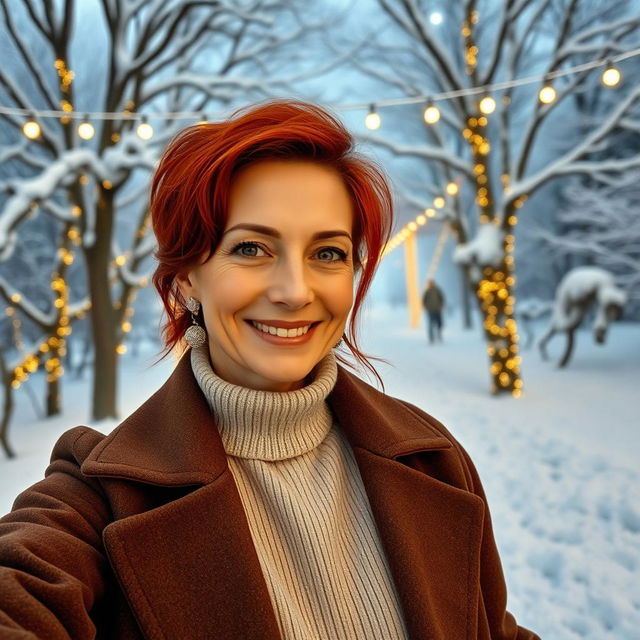 A captivating Russian woman aged between 40 and 45 years, taking a stylish selfie