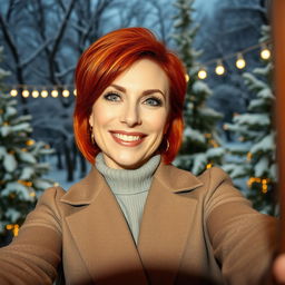 A captivating Russian woman aged between 40 and 45 years, taking a stylish selfie