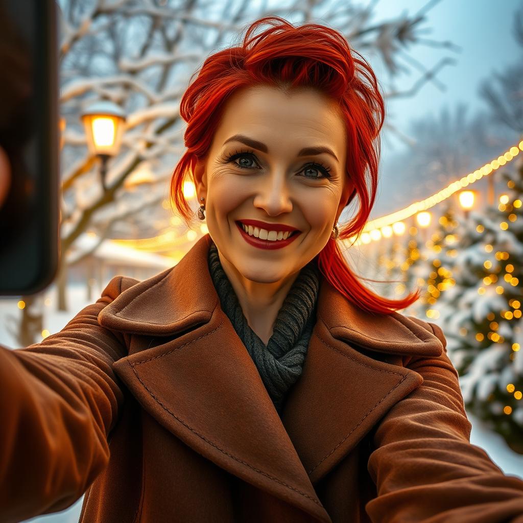 A captivating Russian woman aged between 40 and 45 years, taking a stylish selfie