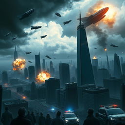 A dramatic scene depicting bombs falling on a sprawling urban cityscape